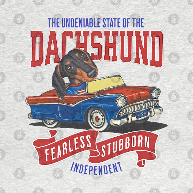 Humor Funny and Cute Doxie Dachshund dog driving a vintage classic car with red white and blue flags by Danny Gordon Art